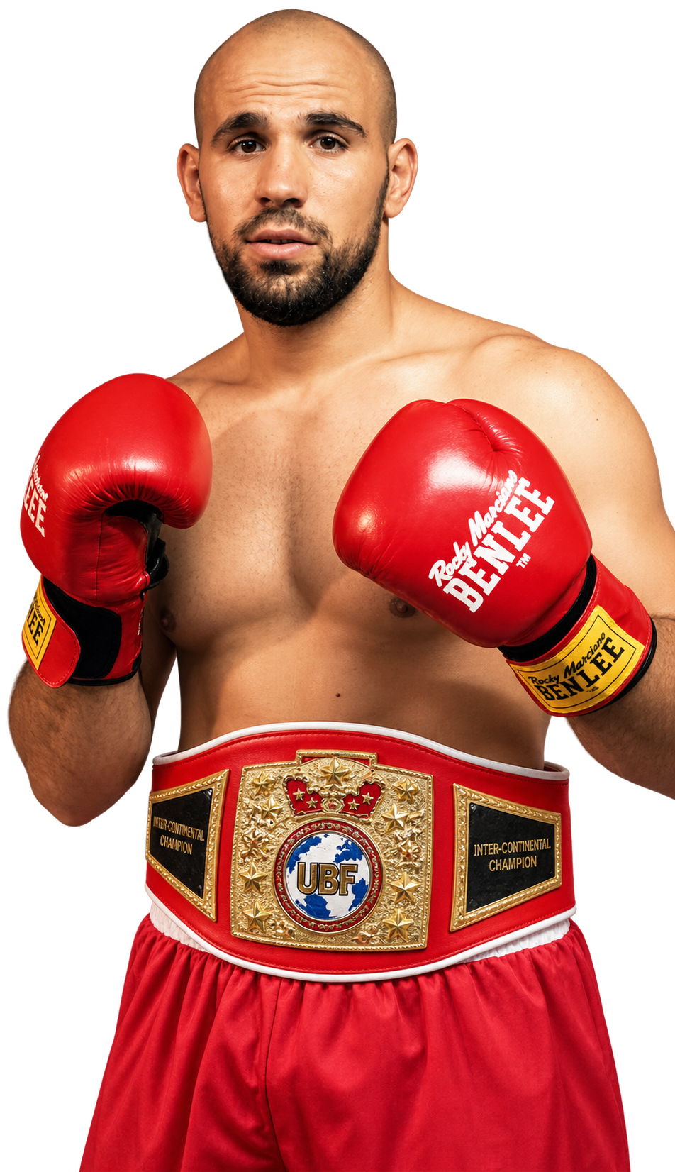 Labinot Xhoxhaj, former UBF Inter-Continental Heavyweight Champion. Digitally enhanced promotional composite: the UBF belt was added using reference photographs. This is not an original photograph of a title presentation or evidence of a current UBF reign.